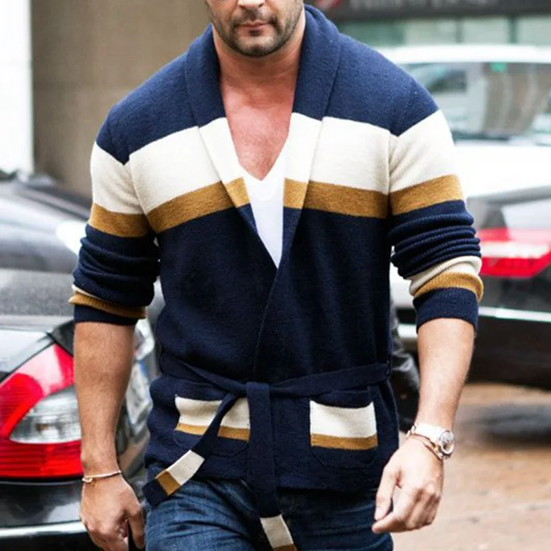 Autumn And Winter New Men's Long-sleeved Cardigan Striped Knitted Sweater Lace-up Top