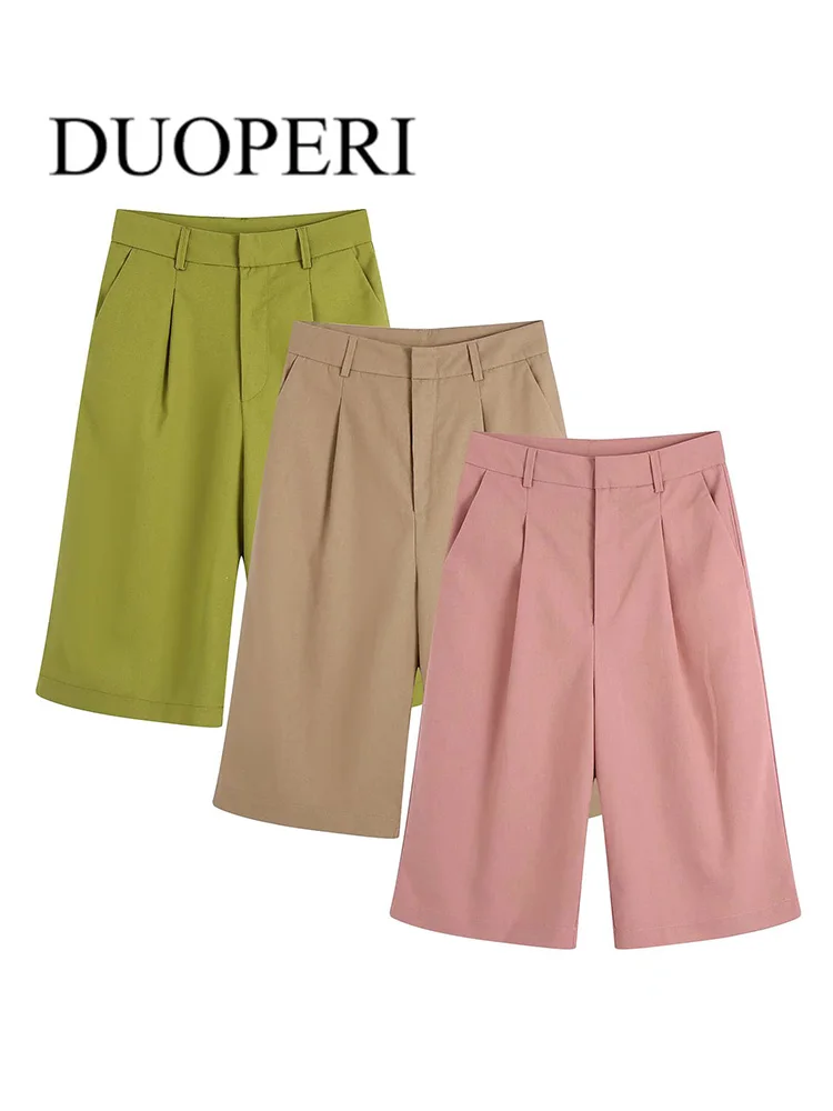

DUOPERI Women Fashion Knee Length Wide Leg Pants With Side Pockets Zipper Fly Vintage Female Mid Trousers Mujer