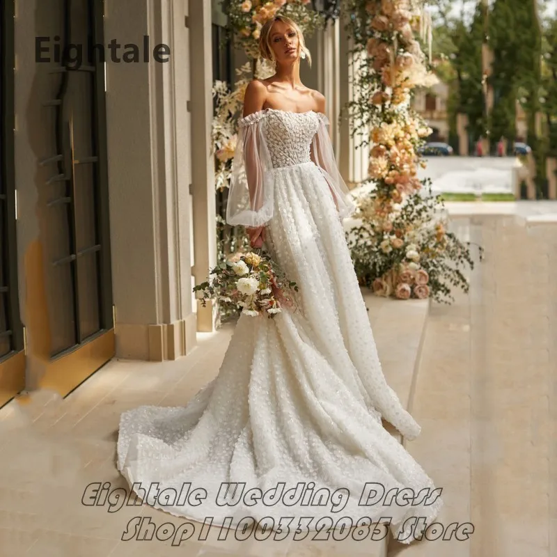 

Eightale 2022 Luxury Puff Sleeve Flowery Wedding Dress A-Line Tulle Off Shoulder Backless Bridal Dress Vestidos De Novia