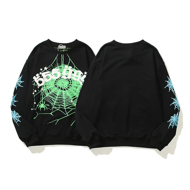 

2022 New Hip-hop Kanye West Pullover Fluorescent Green Spider 555 Young Thug Angel Hoodie Men Women Spider Web Sweatshirts