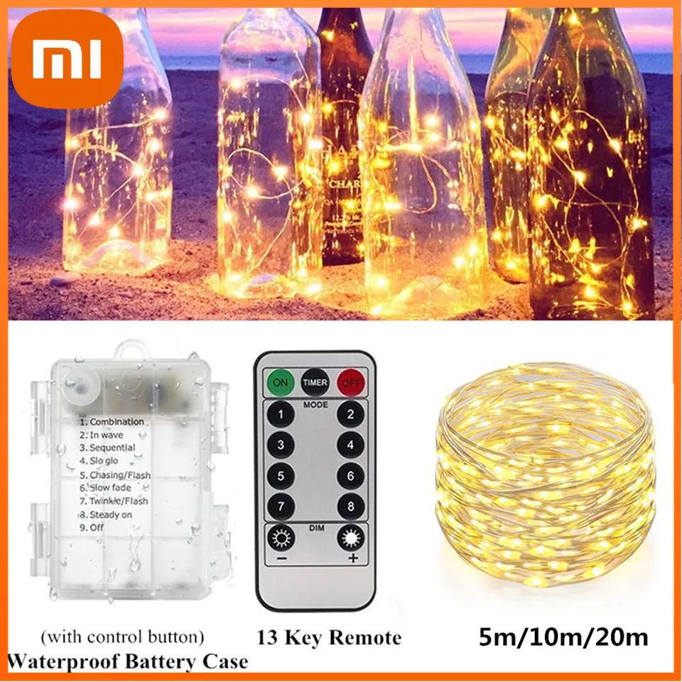 

Праздничная уличная медная гирлянда Xiaomi, 10 м, 20 м, с дистанционным управлением, таймером, батареей, USB, садовый светильник для вечерние ринки, ...