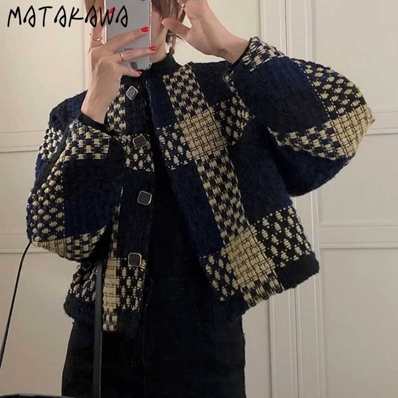 

Matakawa Woman Jacket Autumn Korean O Neck Long Sleeve Plaid Tweed Jackets Vintage Contrast Color Elegant Casual Coat Women