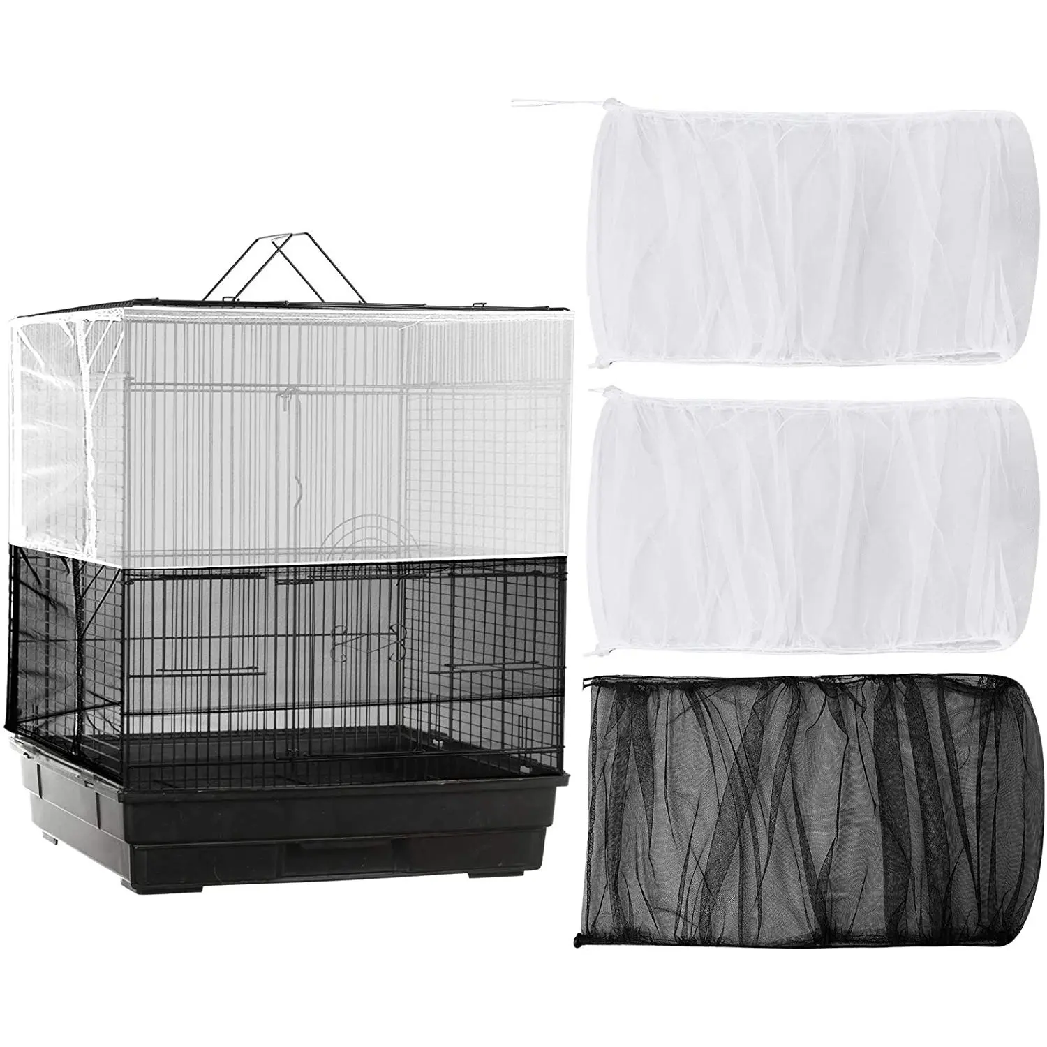 

3Pcs Large Adjustable Bird Cage Cover Seed Feather Catcher Universal Birdcage Nylon Mesh Net Cover Soft Airy Skirt Guard