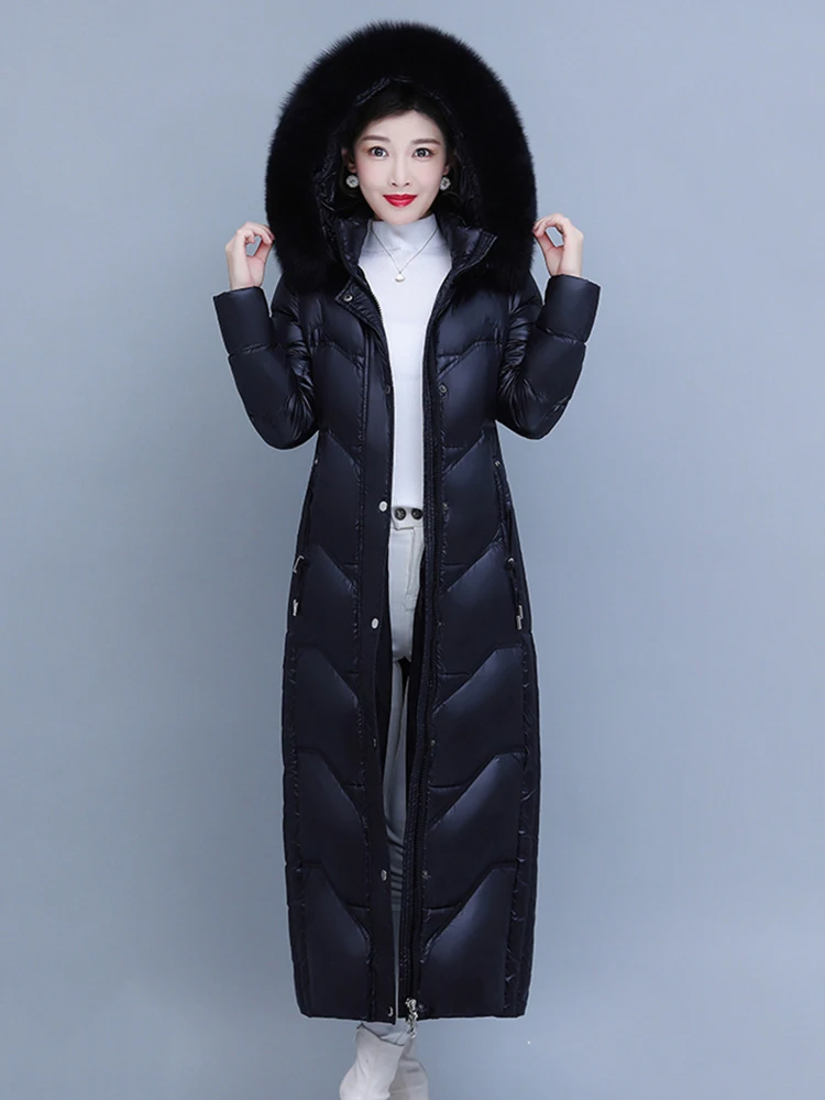 New Women Glossy Surface Down Coat Winter Fashion Thicken Warm Hooded Real Fox Fur Collar Slim Long Down Jacket Ankle-Length