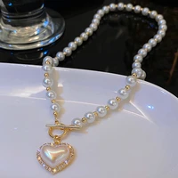 luxury heart shape pendant vintage pearl necklaces for women elegant charm french romantic style clavicle chain choker jewelry