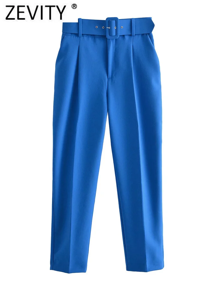 

Zevity Women Fashion Candy Color Sashes Ankle Length Pants Chic Trousers Office Lady Zipper Fly Pantalones Mujer Pants P1325