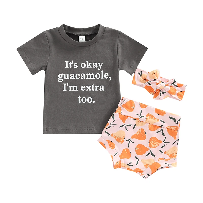 

3 Pieces Baby Suit Set, Letter Print Round Neck Short Sleeve Tops+ Pear Print Shorts+ Headband, 0-24 Months