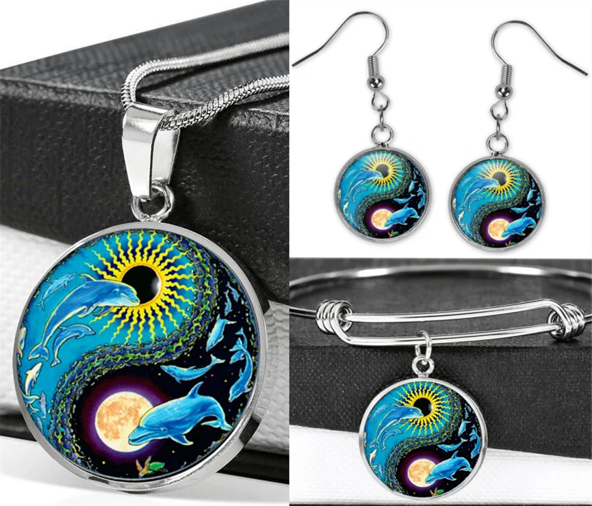 

Yin Yang Dolphin Necklace Earrings Stainless Steel Adjustable Bracelet Bangle Jewelry Sets（Totally 4Pcs) Women's Fashion Jewelry