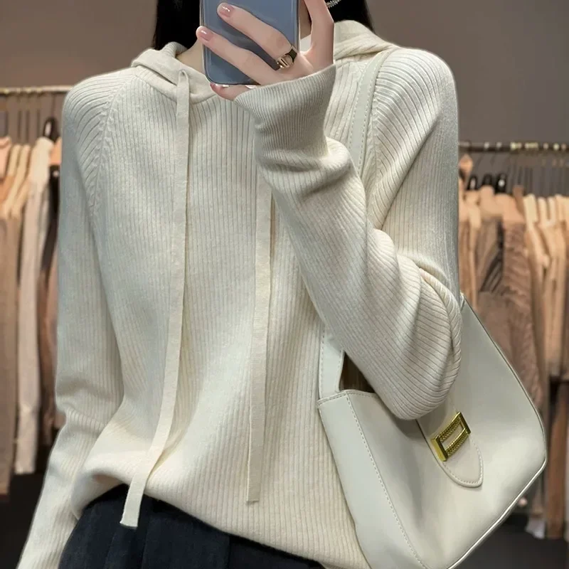 

Толстовка женская с капюшоном, свитер Универсальный свободного покроя из двух шерсти, повседневный белый свитер с капюшоном, большие размеры, Осень-зима