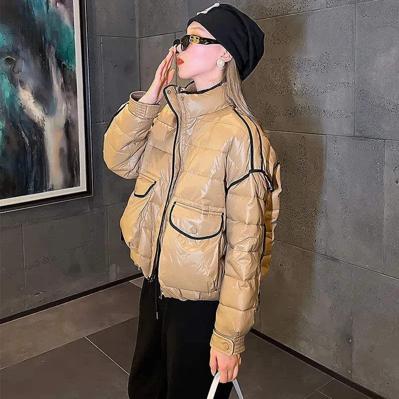 

Bright Line Decoration Women's Winter Mercerized Cotton Jacket Bright Surface Aesthetic Street Style Hooded Down Stand Collar
