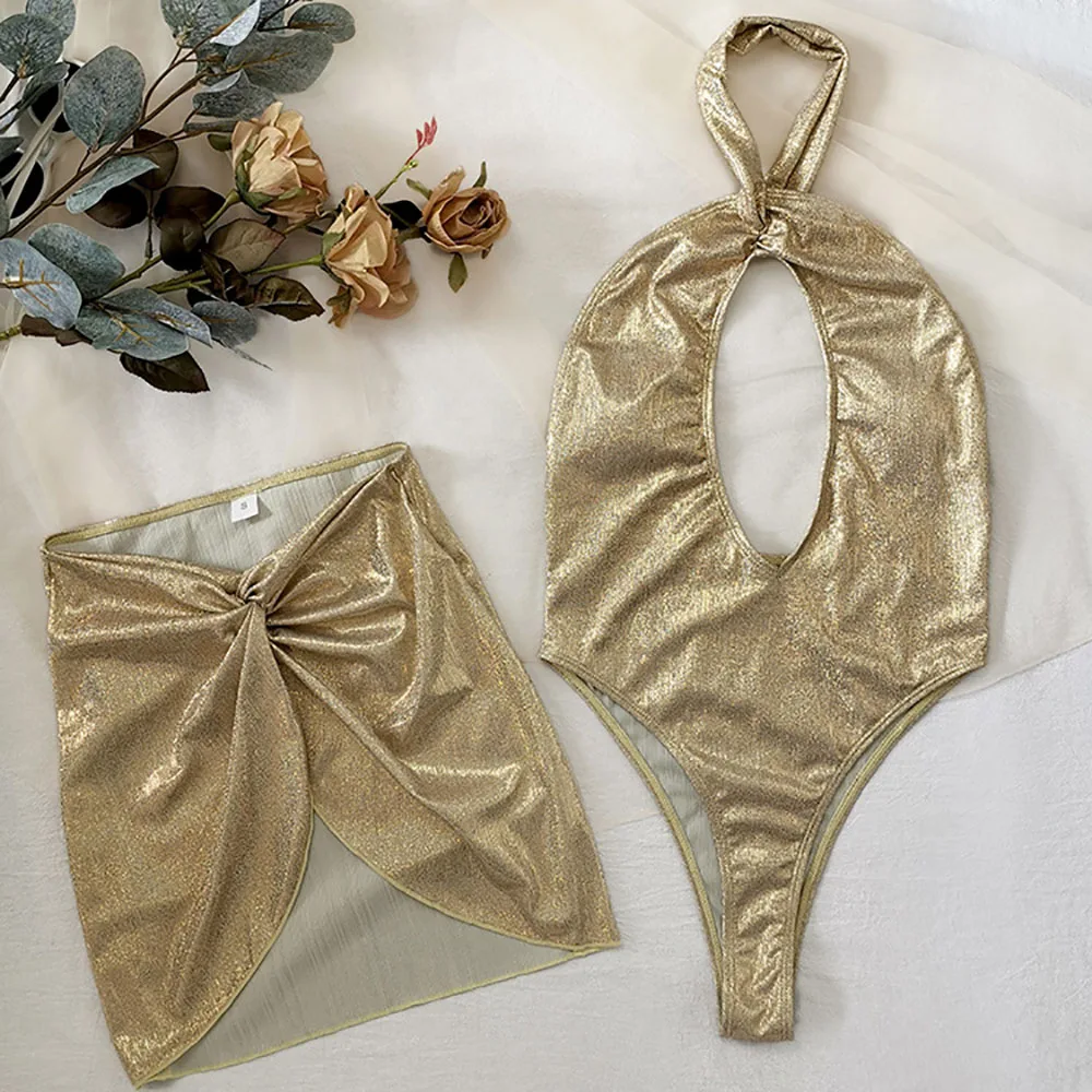 

Sexy Thong Bathing Suit Women Glitter Two Piece Swimsuit W/Dress Glittering Swimwear Halter Push Up Bathing Suit Bling Beachwear