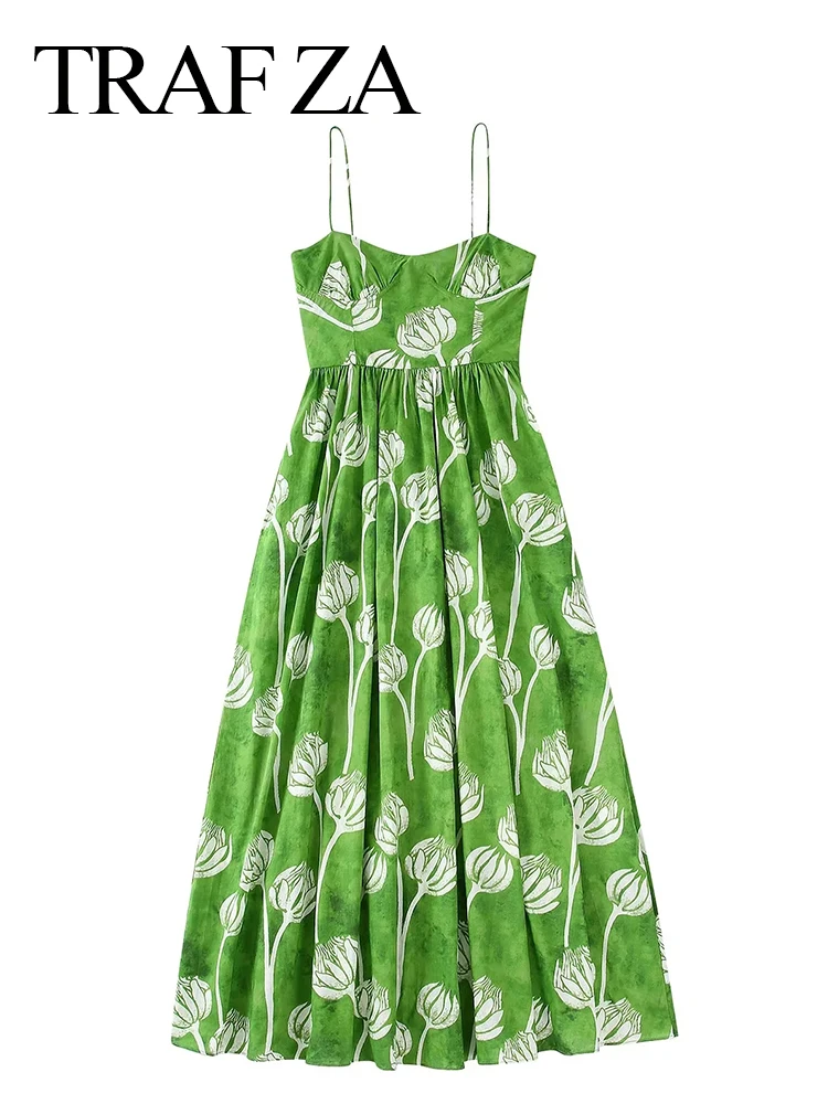 

Женское платье на бретельках, Летнее Длинное Зеленое платье с цветочным принтом и широким подолом