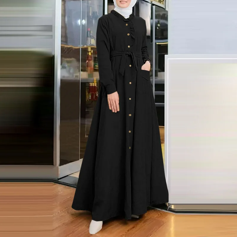 Muslim Arab Elegant Ruffles Collar Long-sleeved High Waist Fashion Maxi Dress Middle East Pocket Buttons Casual Long Dresses