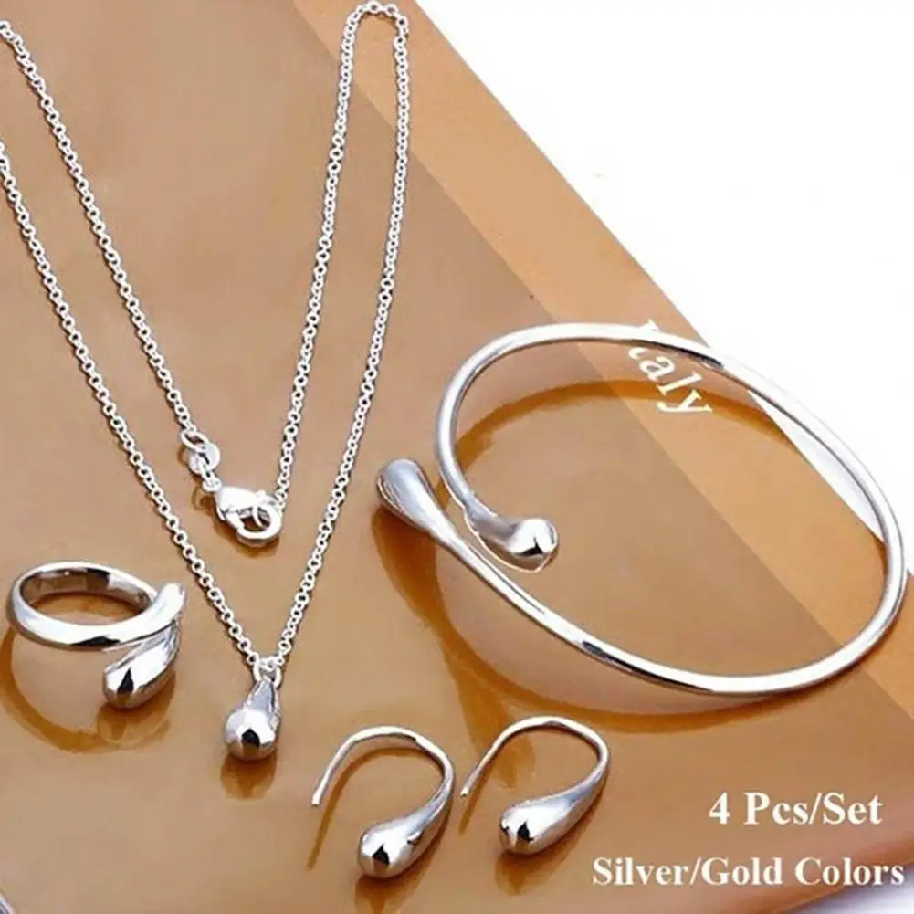 

Fashion Jewelry Set for Women Silver Needle Earrings Ring Bracelet Set Simple Personality Womens Water Drop Four-piece Gift