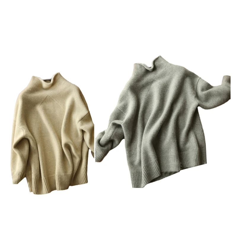 

896E Women Turtleneck Long Sleeve Sweater Thick Warm Solid Color Faux Wool Pullover Top Oversized Loose Knitwear Jumper Shirt