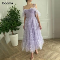 booma lavender hearty prom dresses 2021 spaghetti straps ruffles midi prom gowns open back tea length wedding party dresses