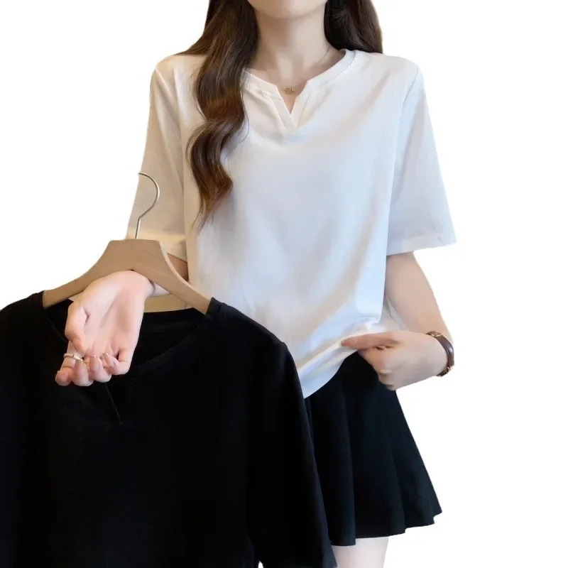 Белая футболка из чистого хлопка женская летняя свободная с короткими рукавами