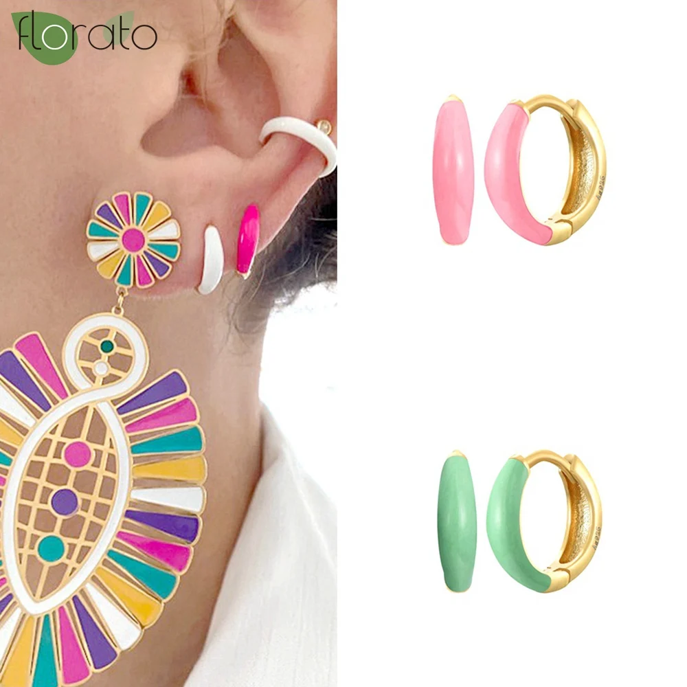 

925 Sterling Silver Needle Summer Colorful Enamel 12mm Small Hoop Earrings for Women Cute Earrings Hoops Party Fashion Jewelry
