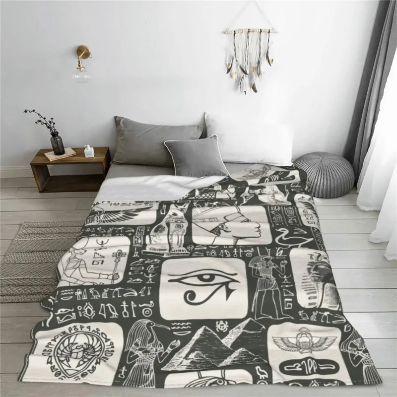 

Ancient Egypt Blanket Velvet Printed Egyptian Hieroglyphs Multi-function Warm Throw Blanket for Sofa Bedroom Quilt