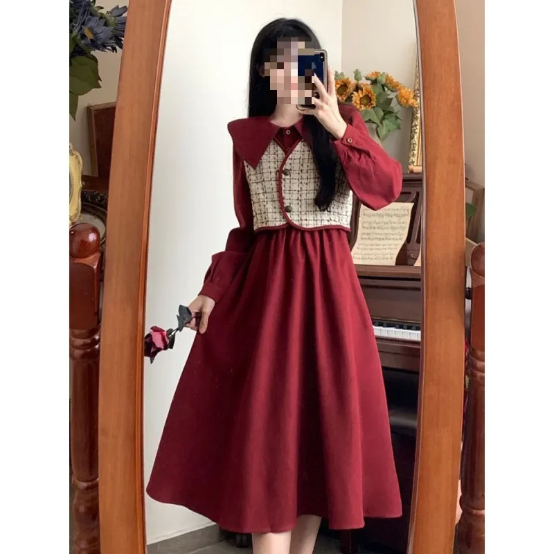 Винтажный клетчатый жилет женское милое платье с кукольным воротником