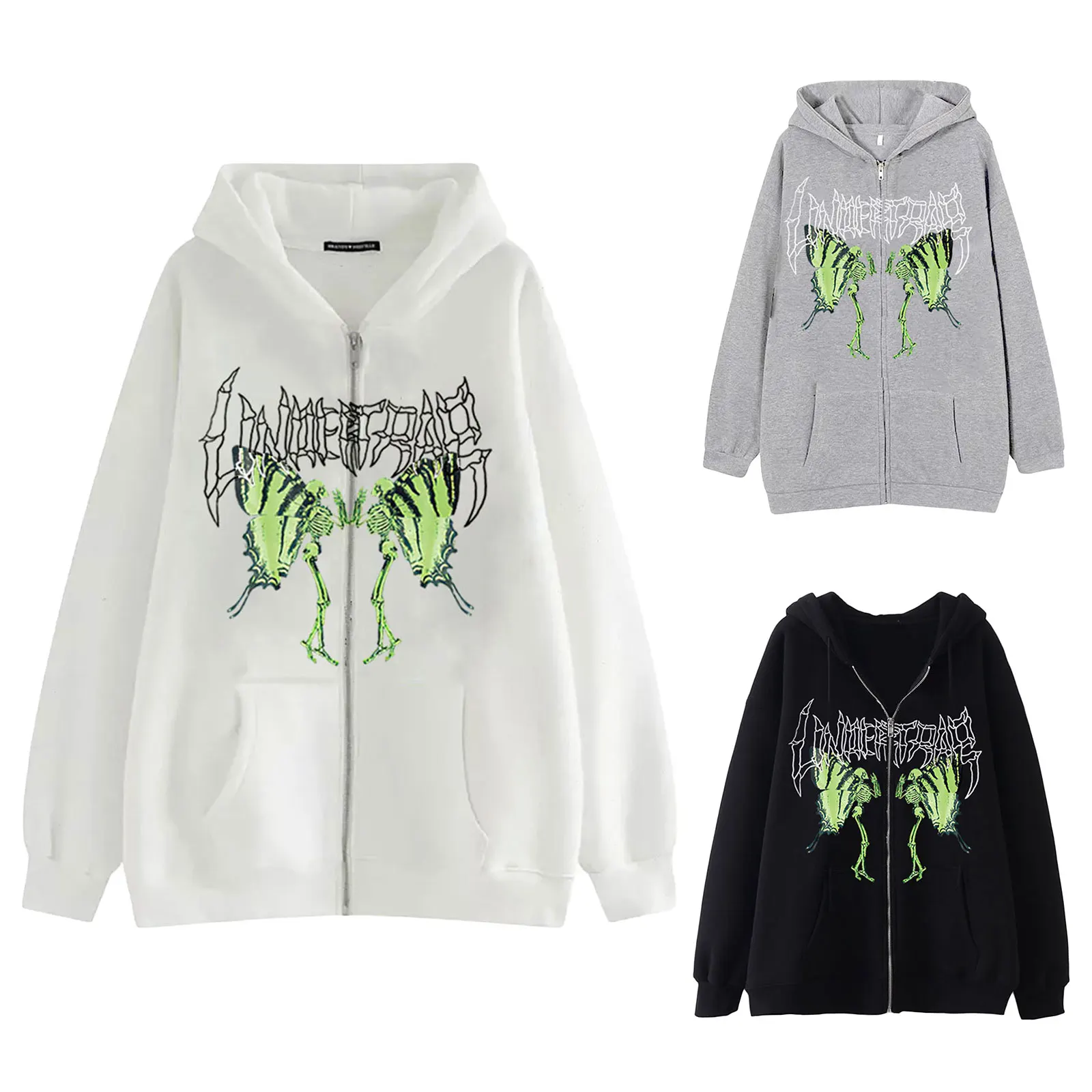 

Women's Fashion Trend Skull Butterfly Hoodies, Gothic Long Sleeve Loose Zip Up Pocket Sweatshirts