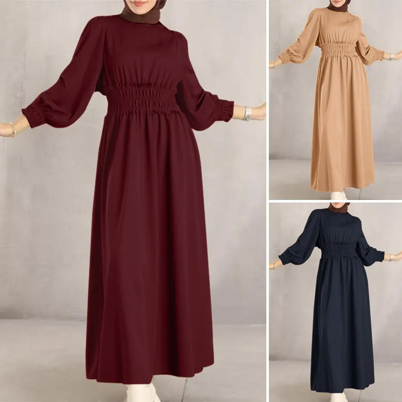 

Red Abaya for Muslim Women O-neck Long Sleeve Turkish Robe Summer Autumn Malaysia Fashion Clothing Vintage Evening Dresses