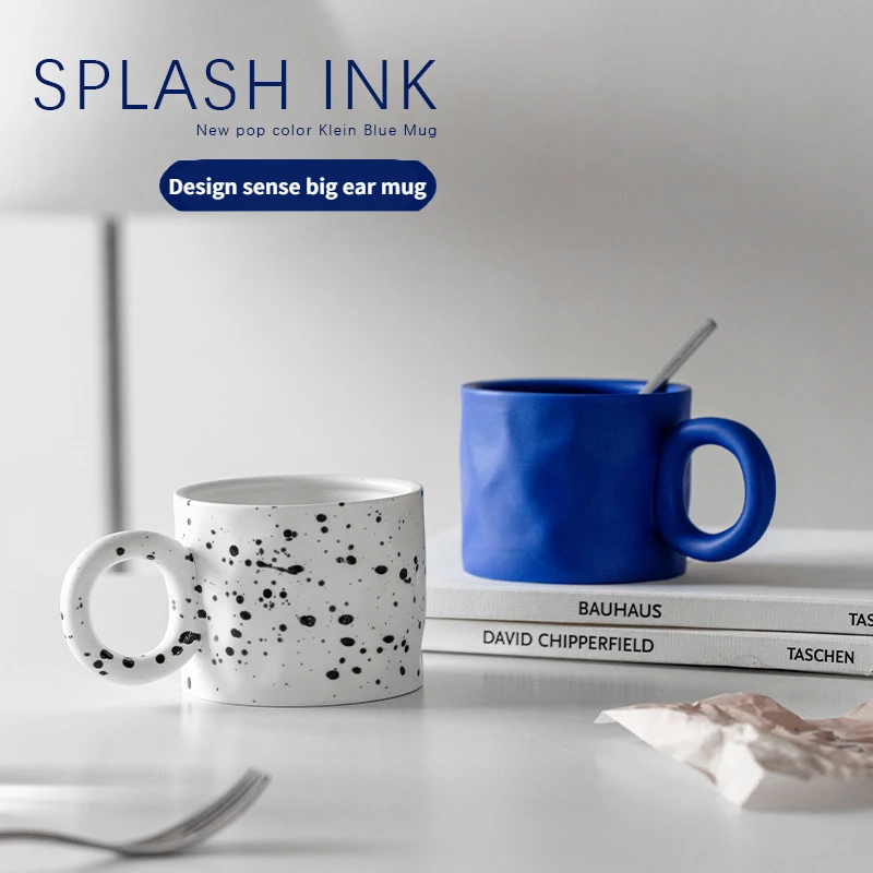 

Klein blue big ear mug design sense water cup niche breakfast ceramic cup drinking water ins wind splashing ink coffee cup