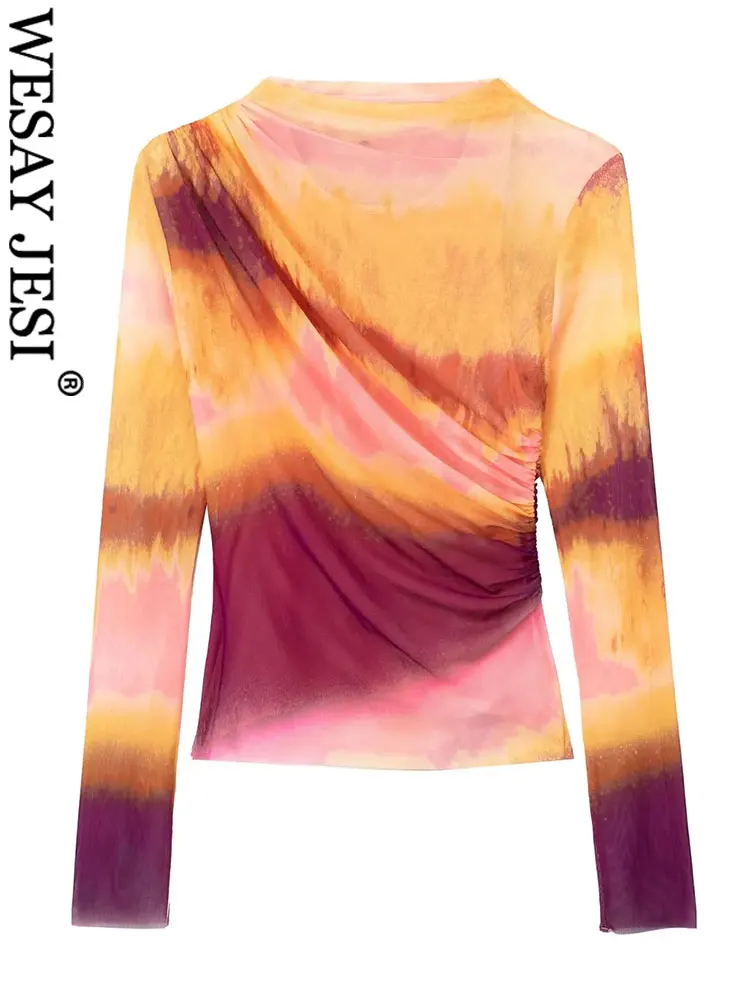 

WESAY JESI TRAF Women Tie Dye Mesh Blouse Ruched Tulle High Neck Semi Sheer Long Sleeve Slim Shirts Vintage Female Chic Tops