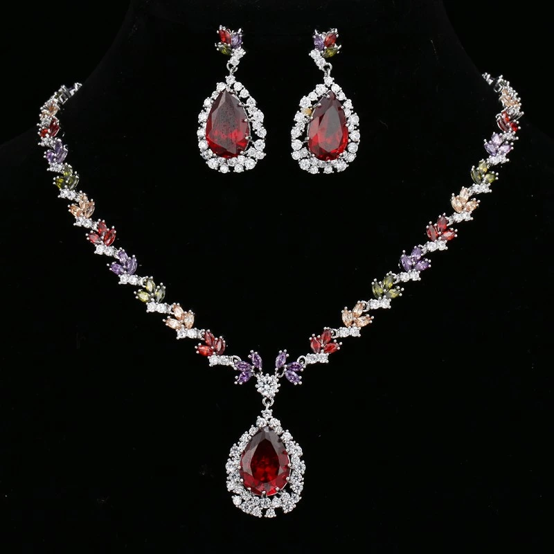 

AMC Luxury Big Red Water Drop Necklace And Earring Set Zircon Bridal Wedding Party Banquet Jewelry Accessories Gifts For Women