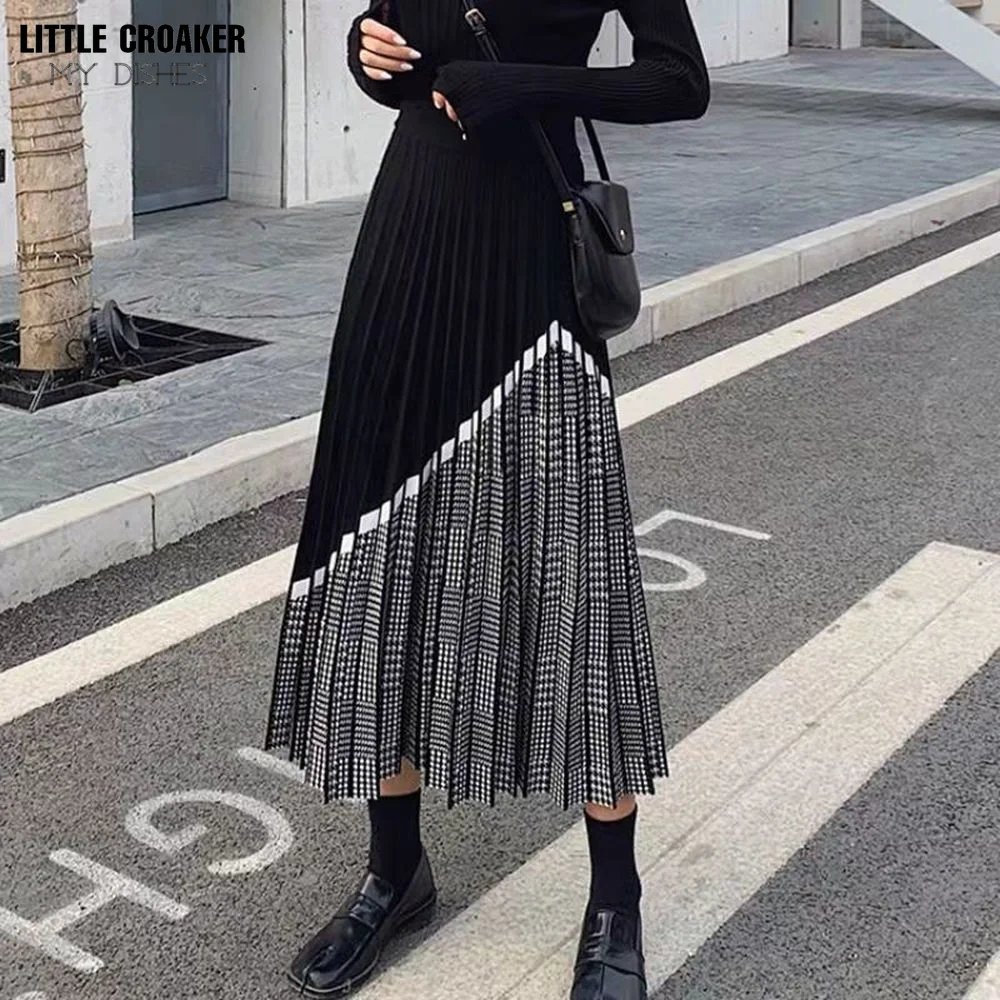 

Autumn Winter Women Houndstooth Patchwork Midi Skirts Elastic High Waist Pleated Vintage Casual Fashion Skirt Ladies Clothes
