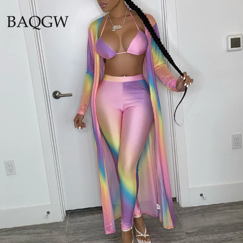 

Gradient Color Women Set Full Sleeve Long Trench Coat+Bandage Halter Bra Tops +Skinny Pants 3 Piece Sets Sexy Beachwear Summer