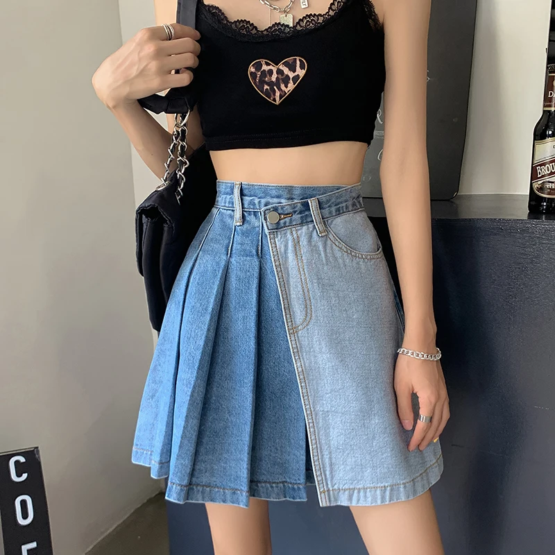 

Y2k Denim Skirt for Women Summer 2022 Asymmetrical Patchwork High Waist Pleated Skirts for Kawaii Girl