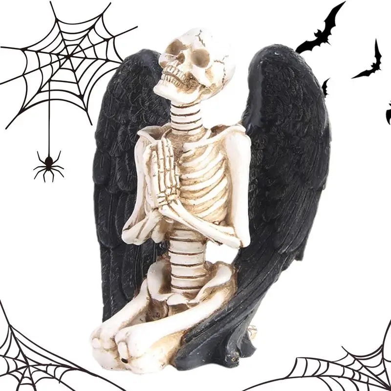 

Skull Statue Halloween Skeleton Decorations With Black Angel Wing Resin Skull Desk Halloween Home Decor For Halloween