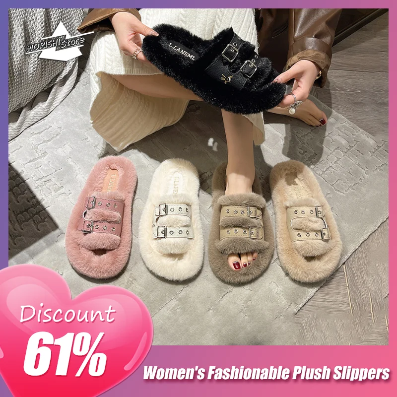 

MORISHI Cork Plush Flip Flops Clogs For Women Slippers Winter Furry Fluffy House Slippers With Arch Support Fuzzy Fur Flip Flops