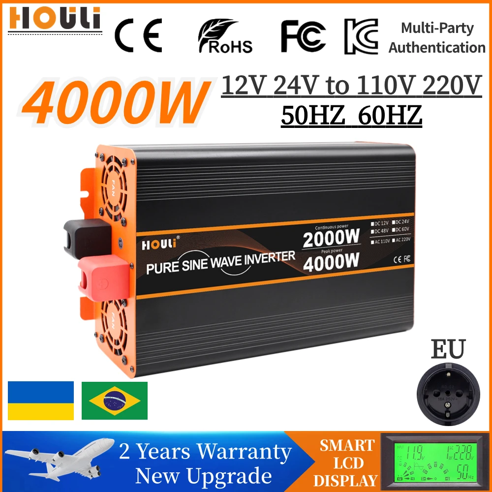 

1600W 3000W 4000W Pure Sine Wave Inverter 12v 24v To 110v 220v Voltage Inverters Power Converter 50hz 60hz Solar Car Transformer