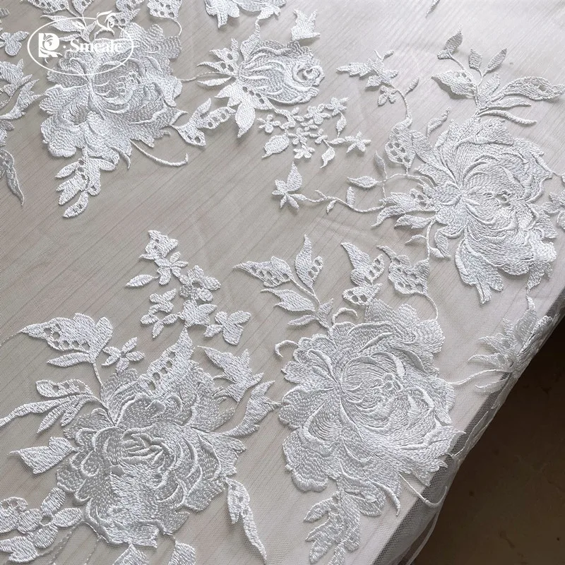 Off White Bride Wedding Lace Fabric Embroidered Peony Flower Twig Dress Mesh RS3109 |