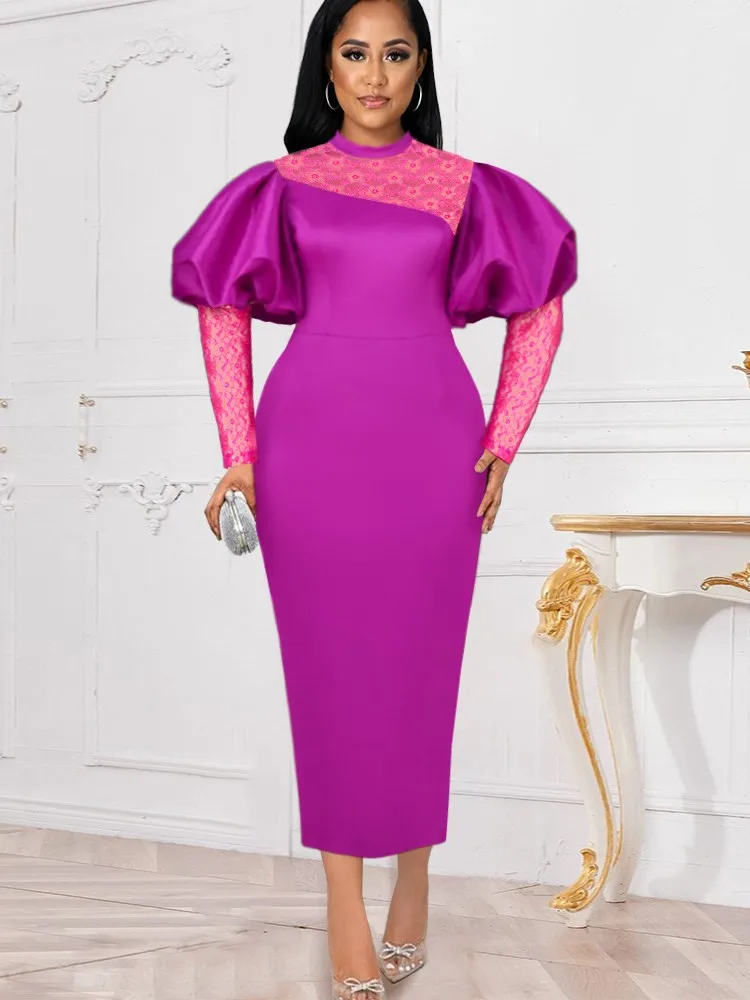 

African Pencil Dress Women Mesh See Through Patchwork Robes Africa Clothing Fashion New Lantern Sleeve African Party Dress 2022