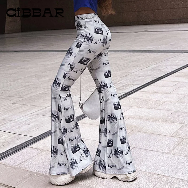 

Женские Эластичные расклешенные брюки CIBBAR с высокой талией, Модные узкие брюки с принтом, уличная одежда, винтажные элегантные модные брюки