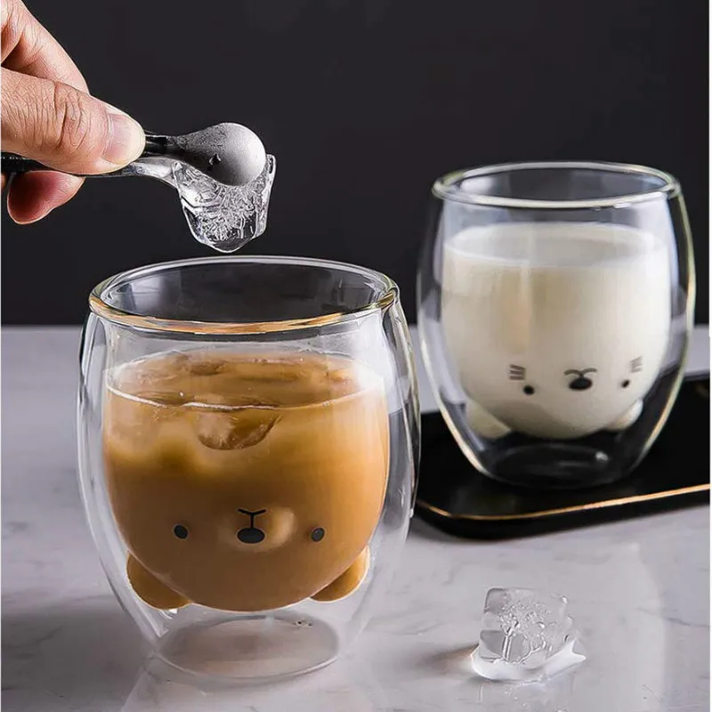 Creative Cute Bear Double-layer Coffee Mug Double  Wine Shot Glass Cup Carton Animal Milk Glass Lady Cute Gift Christmas Gift