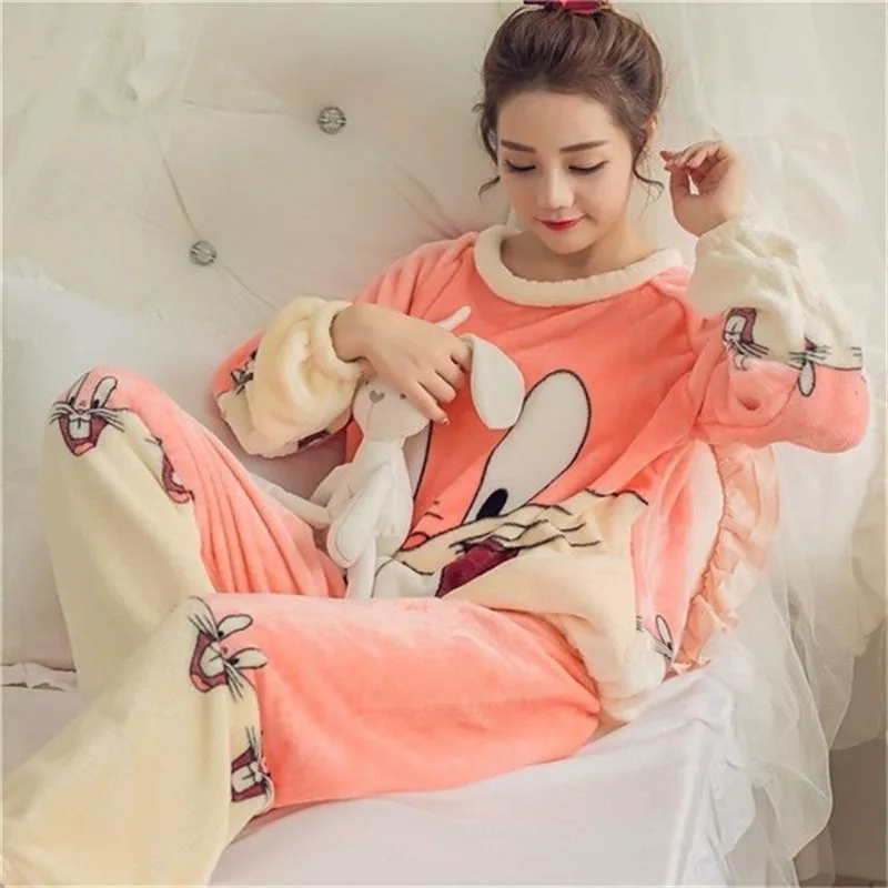 Women Winter Pyjamas Flannel Cartoon Printed Homewear Winter Pajamas Set Thick Flannel Long Sleeve Coral Fleece Warm Sleepwear