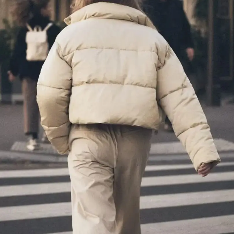 Winter Women's Beige High Neck Zip Long Sleeve Pocket Design Short Cotton Jacket Warm Fashion High Street Style