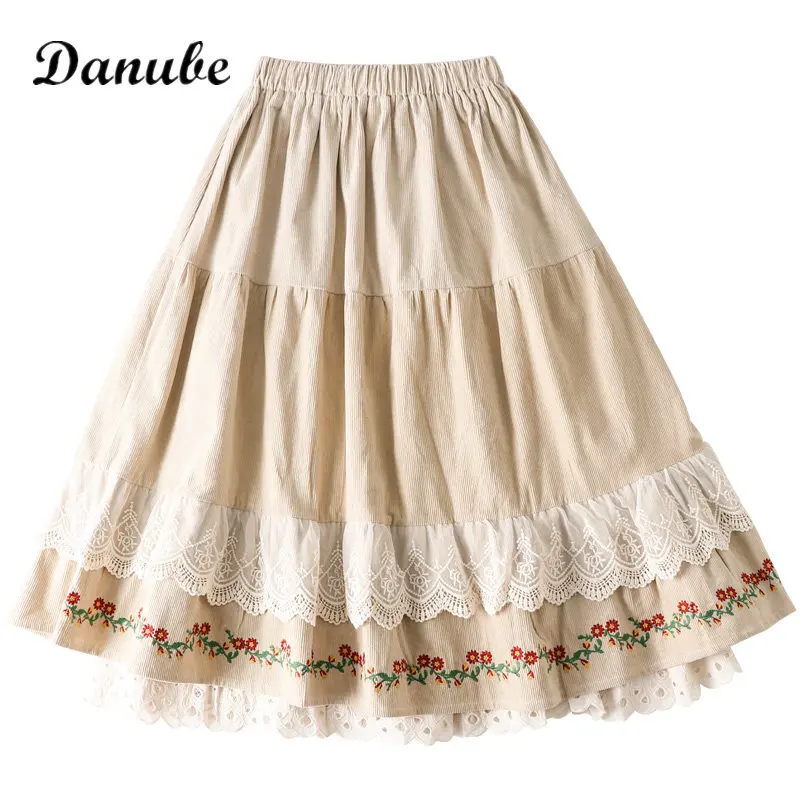 

Винтажная кружевная Вельветовая юбка с оборками и вышивкой, Женская юбка трапециевидной формы в стиле пэчворк с высокой талией в японском стиле девушки Мори