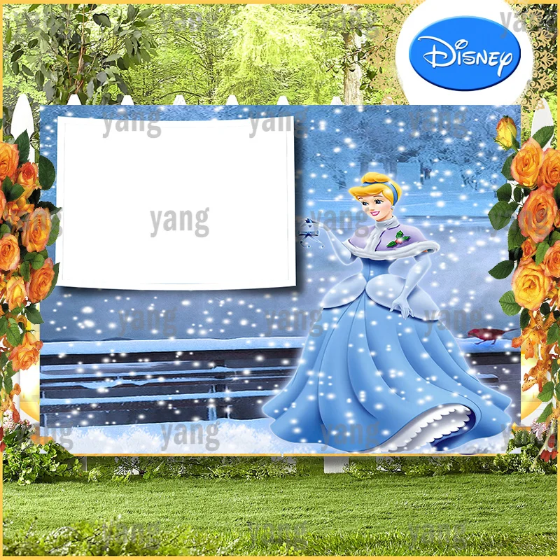Disney Cinderella Photo Backdrop Girls Princess Baby Happy Birthday Party Custom Ice Snowflake Forest Backgrounds Decoration