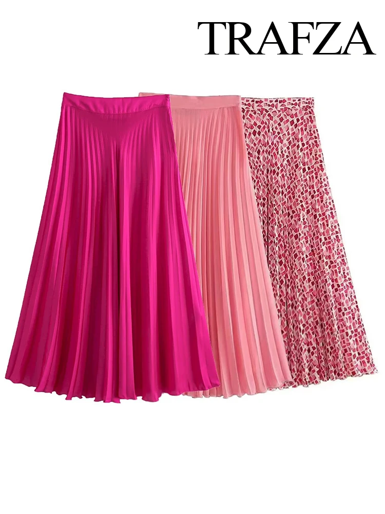 

TRAFZA Summer Elegant Woman Vintage A-Line Side Zipper Casual Tricolor Skirt Women Vintage High-Waisted Pleated Long Skirt Mujer
