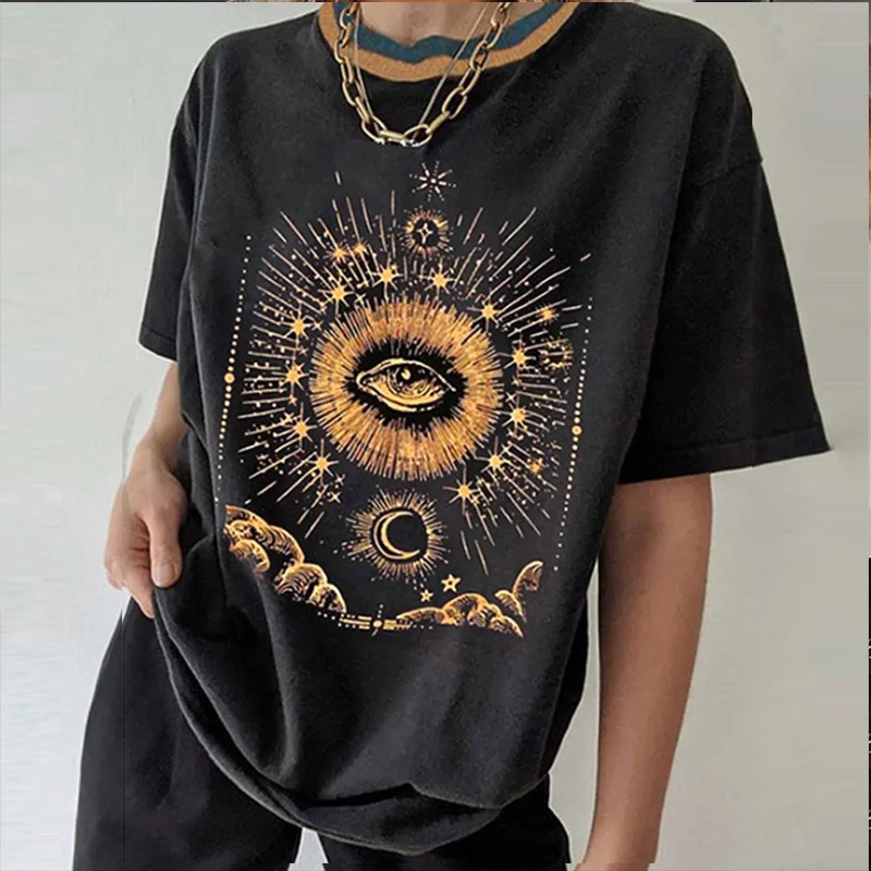 

Винтажная черная свободная футболка с забавным принтом глаза, женская футболка с коротким рукавом, повседневные топы, летняя футболка с гра...