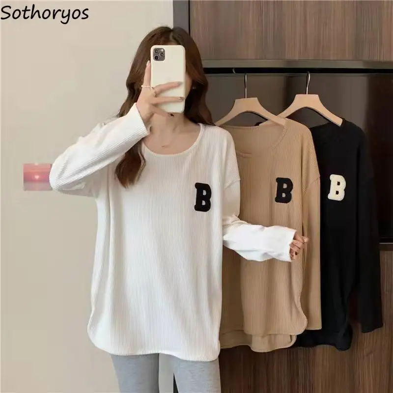 

Letter T-shirts Women New O-neck Ulzzang All-match Retro Females Asymmetrical Long Sleeve Loose Tops Spring Side-slit Harajuku