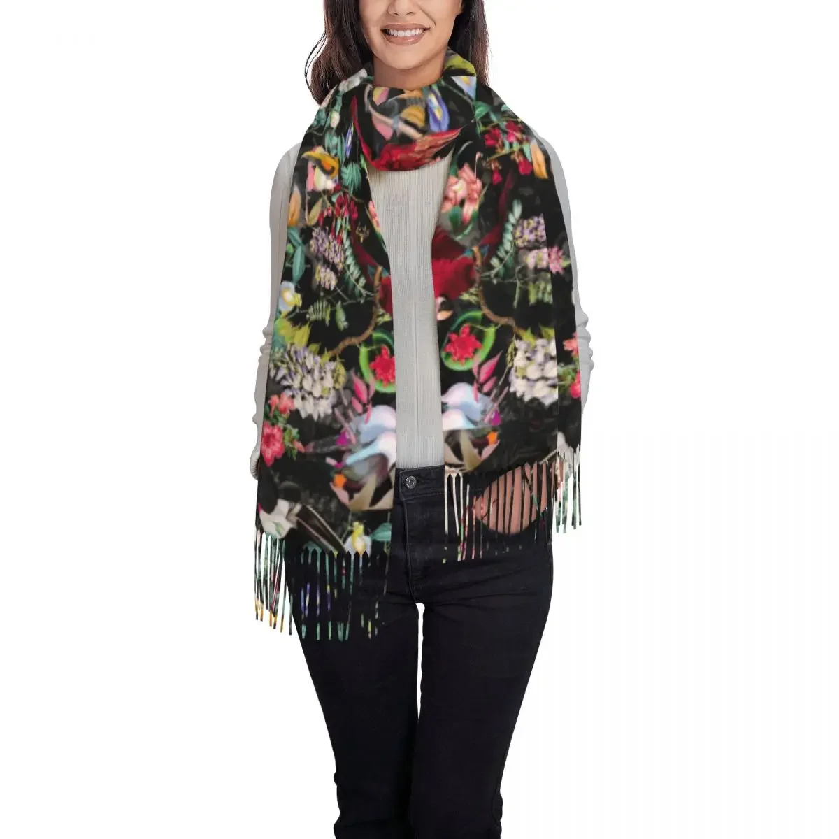 Женский шарф теплые мягкие большие шарфы с цветочным рисунком и птицами длинными