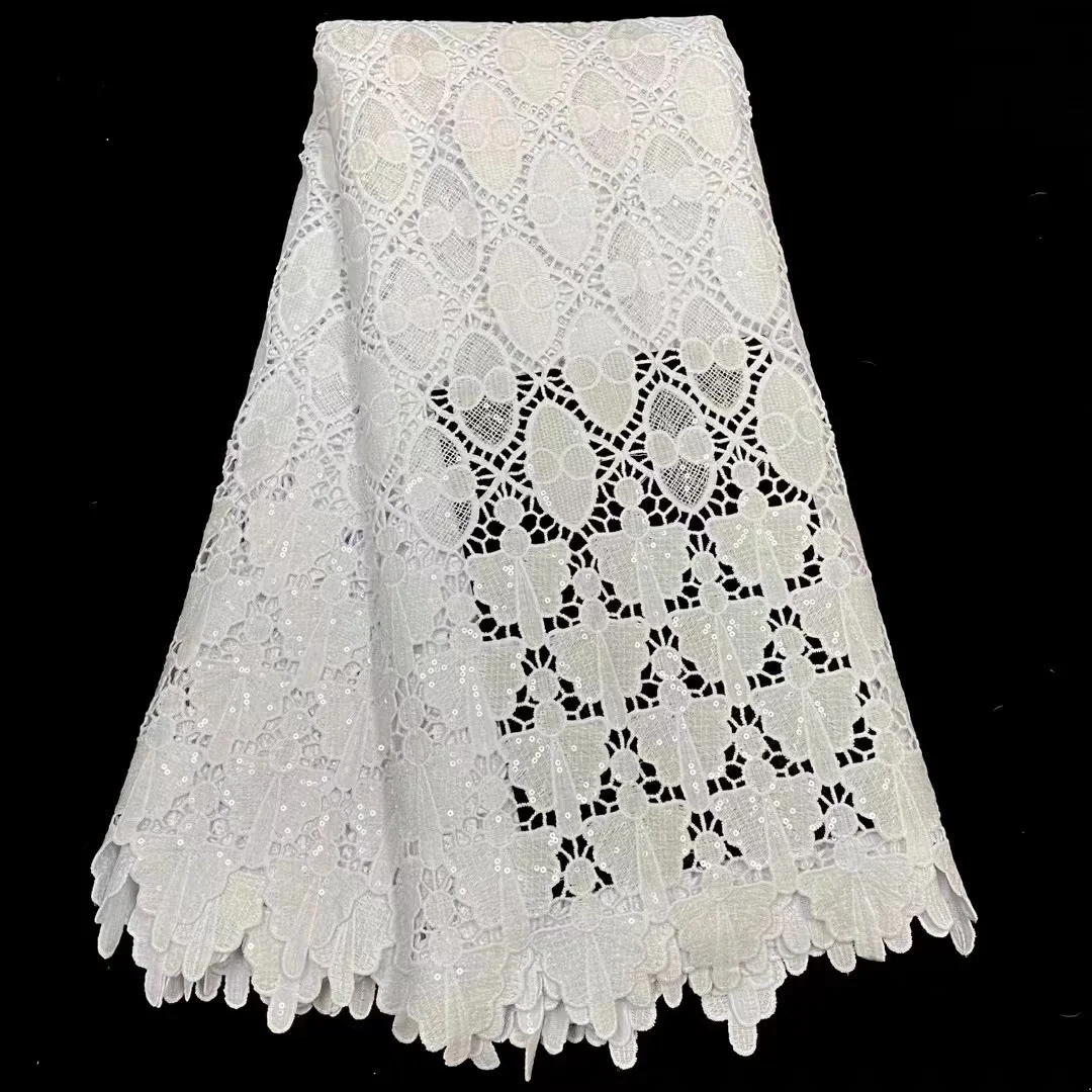

Latest African Pure White Guipure 5 Yards Lace Mesh Fabric 2022 High Quality Sequins Nigeria Cord Lace For Women Prom Dress Sew