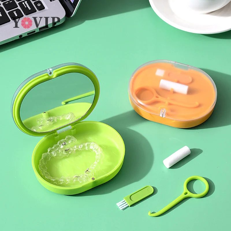 

Soaking Invisible Teeth Denture Orthodontic Retainer Brace Storage Box Clean Tooth Storage Portable Belt Case With Mirror