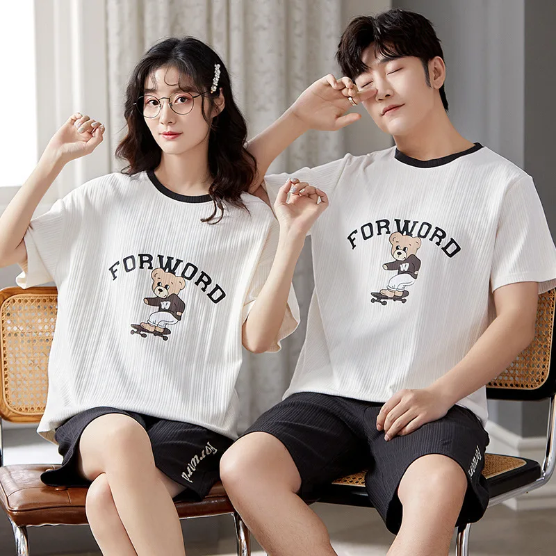 Can be worn outside summer couple cotton pajamas short-sleeved shorts men and women large size cartoon thin suit home service